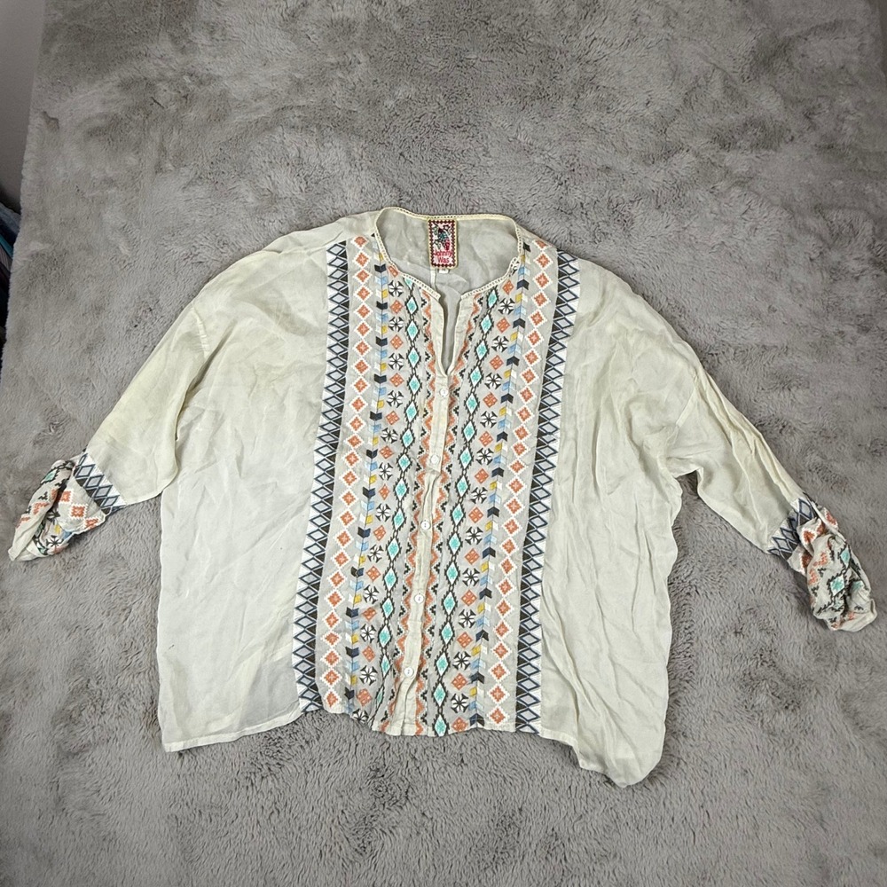 Johnny Was Embroidered Blouse Bohemian Tunic Western Top Cream‎ Sz M Aztec Boxy